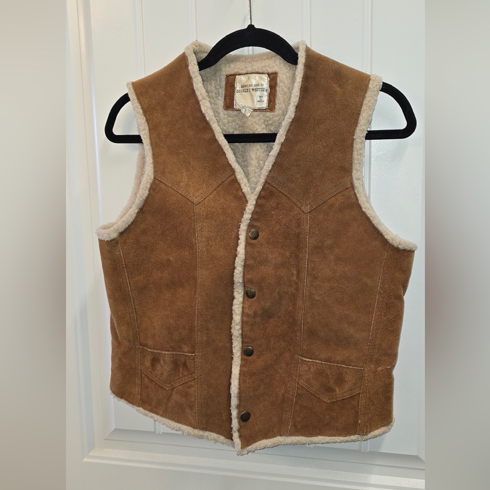 Vintage Double J Western Suede Shearling Vest Leather Snap Front Brown Western